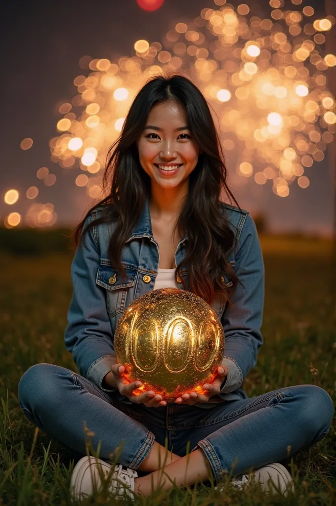   An Asian woman, wearing a denim jacket , UNDERWEAR JEANS ,wearing casual shoes , sitting cross-legged on a grassy meadow , holding a shiny gold globe with numbers inscribed "1000"  with both hands , smiling in front of the camera ,  it looks like real  ,...