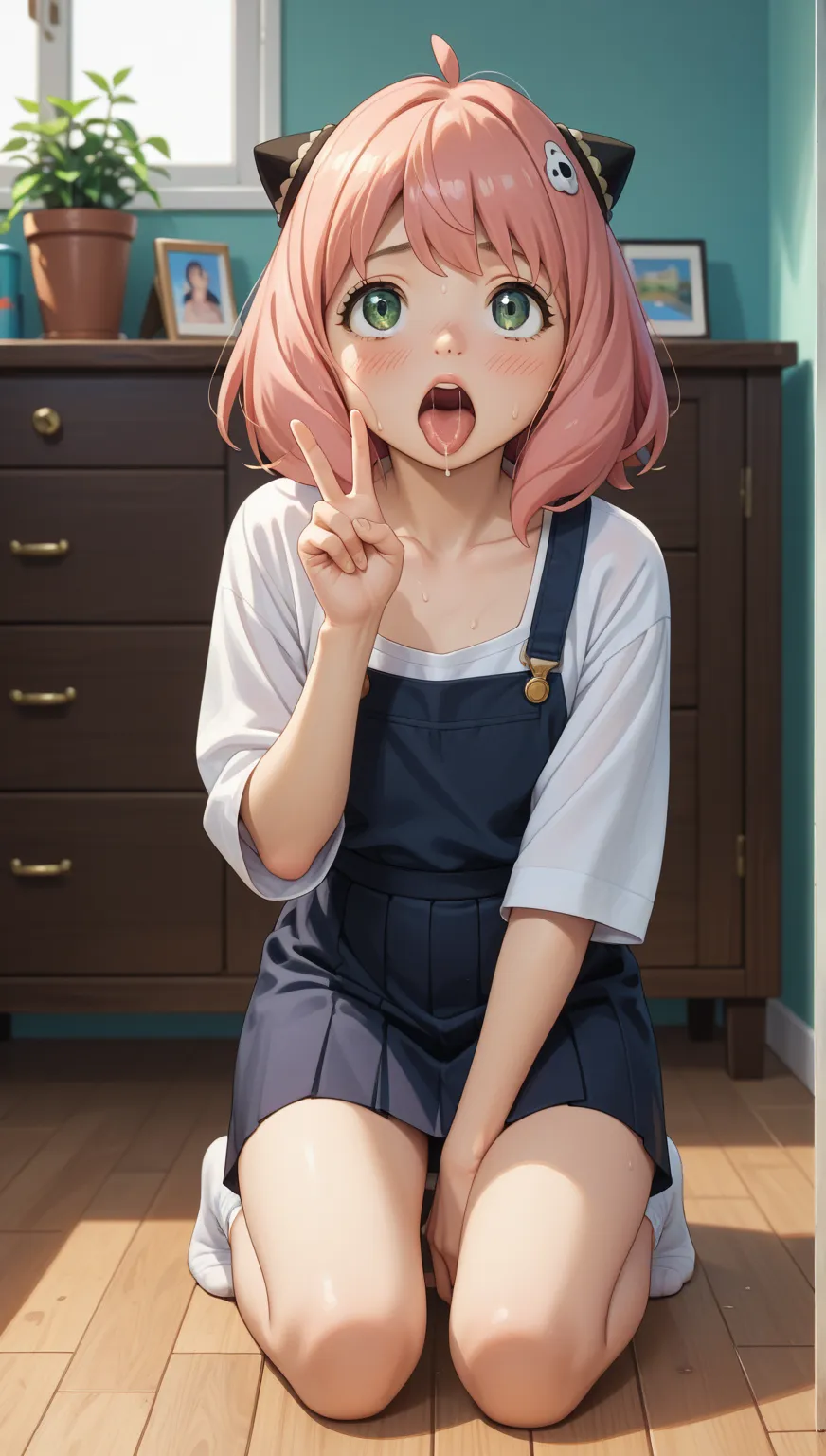 Anya Forger , pink hair,  green eyes, Just the face, achegao,  looks at the viewer, summit, ((mini   small  )),   small  ,  show your chest , room, peace sign, kneeling in front, black skirt, no censorship,  chest shows 