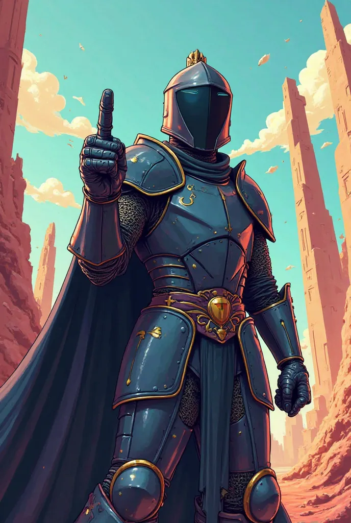 Cartoon knight with black helmet and show middle finger