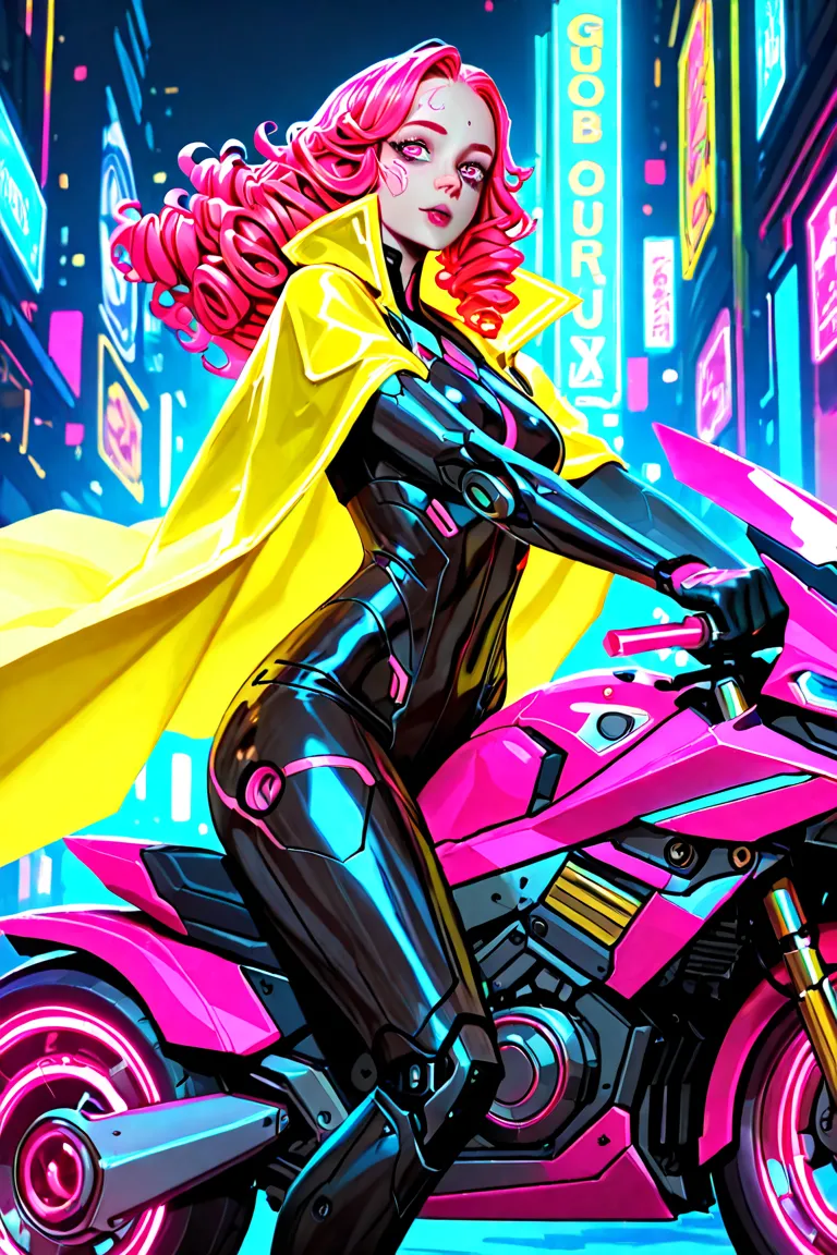 Wear a yellow cape with a psychedelic pattern、A long-haired, freckled woman with pink curly hair in mechanical cyberpunk fashion, gorgeous large accessories - and flashy eye makeup is riding a psychedelic, mechanical cyberpunk motorcycle