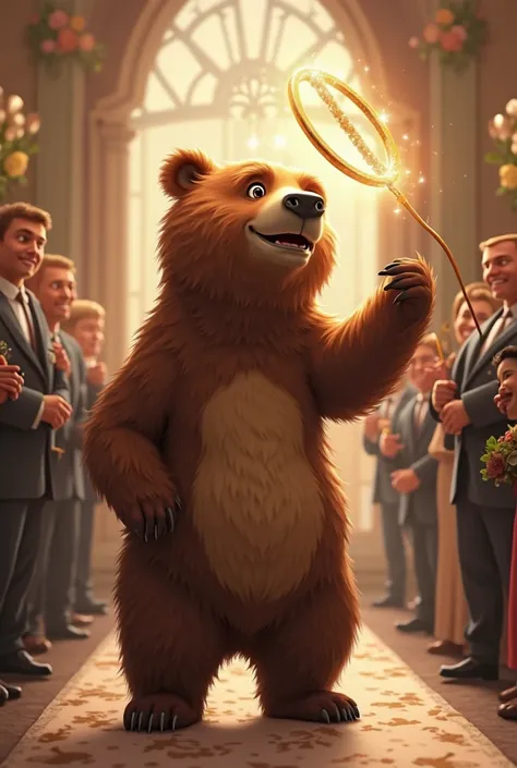 Brown bear pulls halo at wedding.