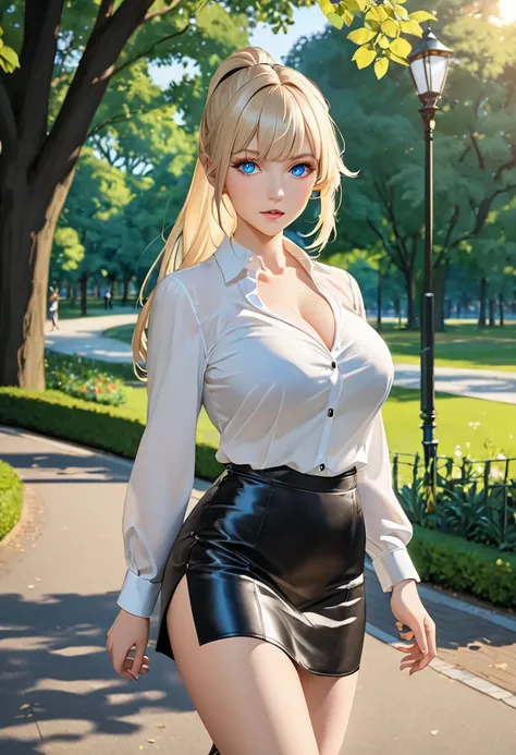 portrait.  girl,  18 years, high blonde ponytail with bangs, blue eyes, big breasts, long legs. Das  girl sieht den Zuschauer an und lächelt. It is wearing a white satin blouse and a black leather mini skirt. It's walking in the park . Evening.