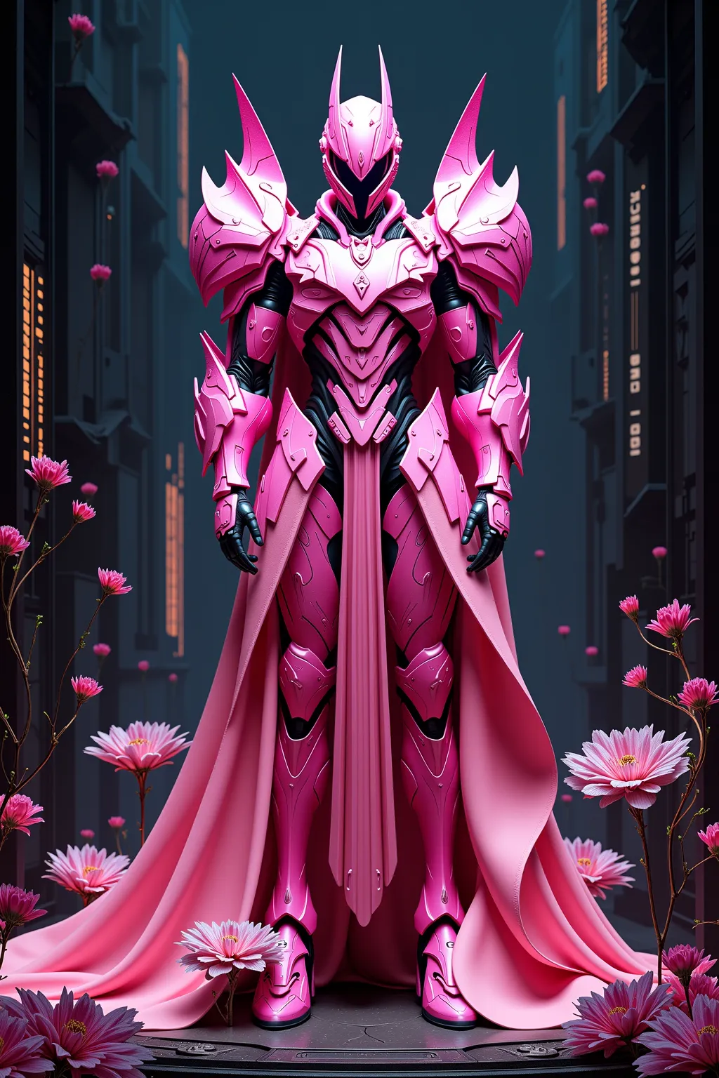 A warframe, high heels, detailed pink armor and flowing fabrics, dark futuristic dreamscape, flowers patterns, ExpressAmetur, 