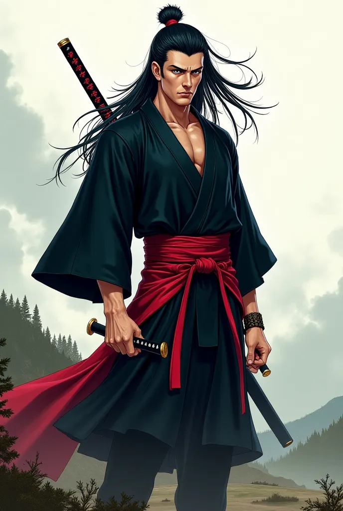 Make a anime character samurai without armor.with rad clothes and long black hair 