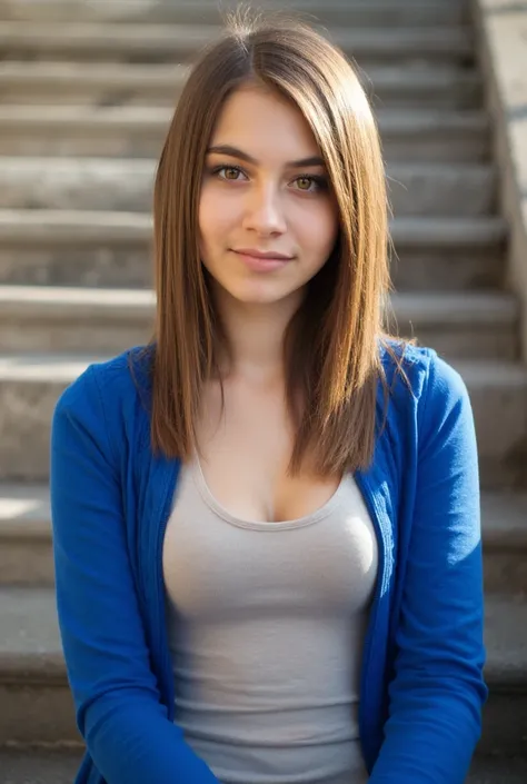 woman sitting on a staircase. Has a blue top on. Und gelbe Turnschuhe Stil Fotorealistisch,  sharp focus, very detailed, sunlight, Detail , Fotoreal,  full body