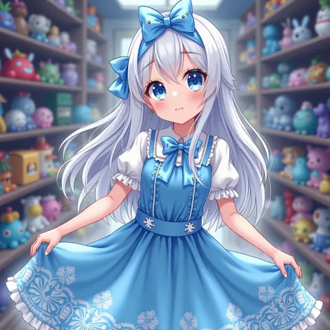 anime girl with white hair and blue eyes in a beautiful dress in a toy room looking  in a cute blue dress, a headband on her head with a bow of also blue light on the dress, shirts and beautiful patterns