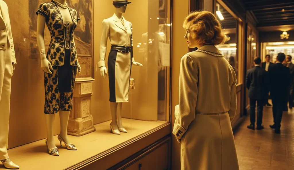 stunning blonde woman standing in front of a vintage shop window at a 1930s Parisian train station, her back turned to the camera. She wears a classic cream-colored Chanel suit—a tailored jacket with pearlized buttons and delicate stitching, paired with a ...