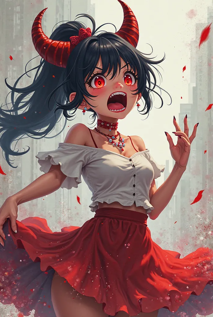 anime girl demon makes horns like a demon, who is screaming from something, in a skirt and with a ponytail under this skirt