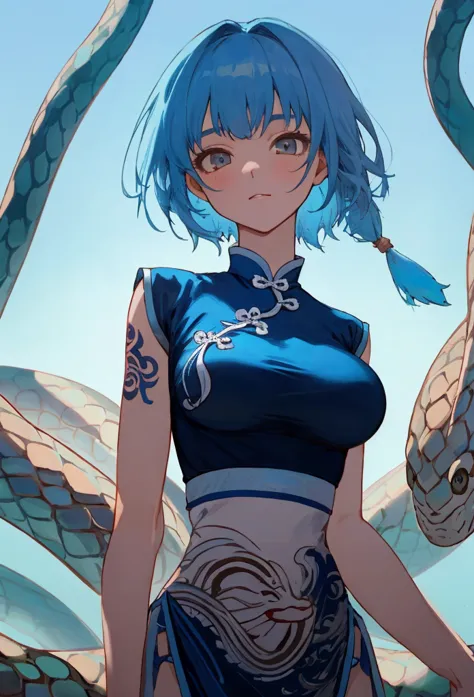 masterpiece,Highest quality,Great picture quality,Blue Hair, newline
1girl, Chinese clothes snake tattoo upper arm blue sky high resolution, masterpiece, is anatomically correct, high detail, Blue Hair/light blue hair tied at the top, medium hair, big brea...