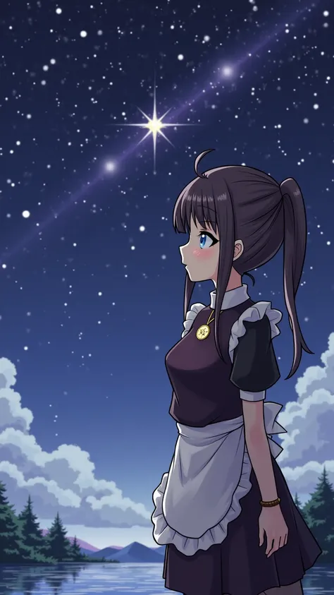 [ girl,  Located in the corner  , looking at the Sky, alone, Mona ( Genshin), necklace, 眉間毛髮, star (symbol),  long hair,  Dark Purple Hair,  Ponytail,  blue eyes, Shiny Eyes, jewelry, Witch, maid, Bangs,  purple black dress ,   purple skirt , white apron, ...