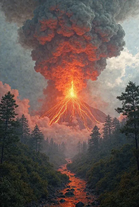 A volcano erupts dangerously in a natural forest ai video 