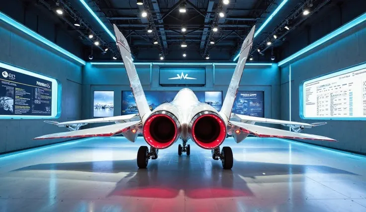 "A breathtaking back view of a white JF-17 Thunder fighter jet showcased in a futuristic showroom. The aircraft stands on a polished, reflective floor, with its twin exhaust nozzles and vertical stabilizers illuminated by sleek LED spotlights. The showroom...