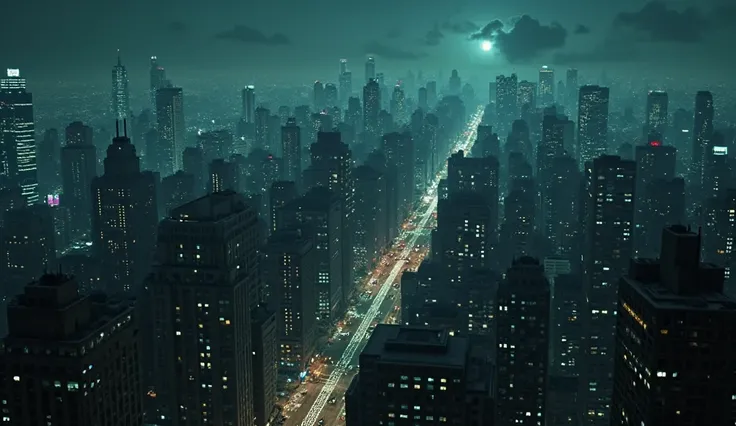 A deep, eerie shot of a sprawling city skyline at night, where countless glowing windows flicker like distant stars. The towering skyscrapers and tightly packed buildings stretch endlessly, their silhouettes cutting into the dark, cloud-heavy sky. The neon...