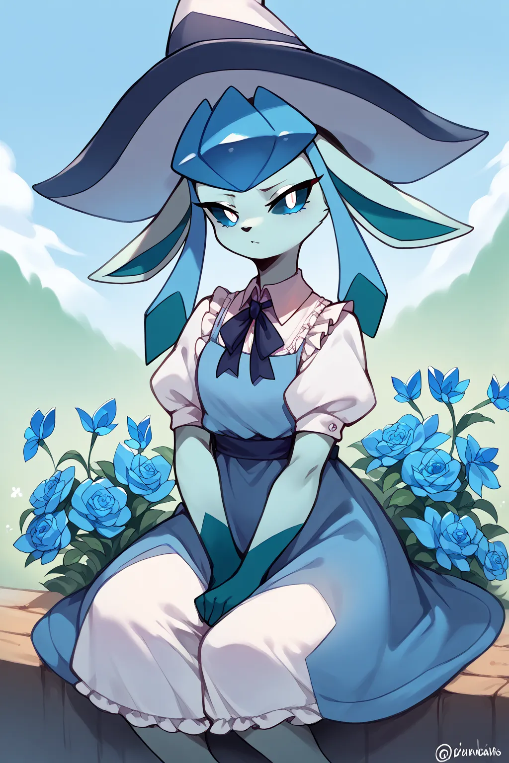 check_9, check_8_ upwards, 1girl, One,  anthropomorphic furry female glaceon,  blue sclera , white eyes, witch hat, light blue dress,  dress with frills,  puffy sleeves, ribbons, Sitting, flower field, blue flowers