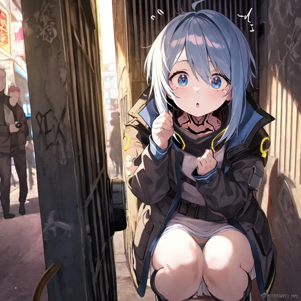 best quality, very aesthetic, ultra-detailed, best illustration、 cyberpunk city、 cute girl、cute cyberpunk clothes、A reporter with a camera hidden in a street corner aiming for a shutter opportunity、Hiding on a street corner、 surprised