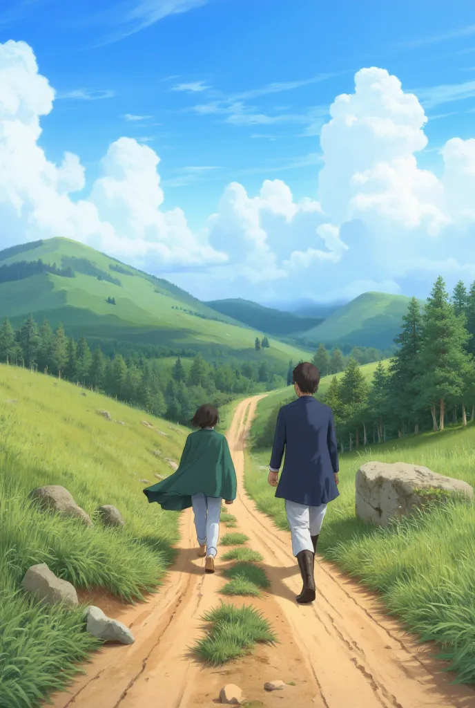 Two anime-style adventurers walking away on a winding dirt road, back view, fantasy landscape with rolling hills, cloaks fluttering in the breeze, bright daylight, cinematic anime lighting