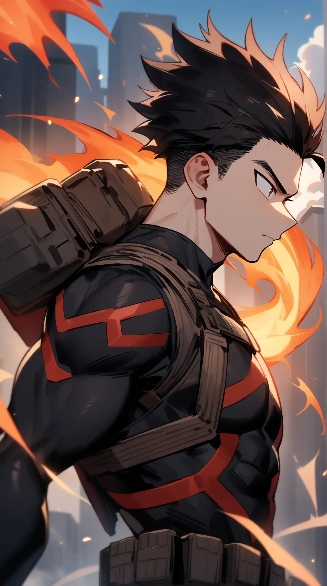 1teenager, male focus,athletic muscular body, tall, fair skin,undercut slick back hair,black hair with red highlight,red eyes, boku no hero academia,flying in sonic boom, engulf in infernal fire,eyes on camera,tactical black colour with red line hero outfi...