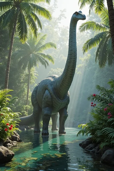 Create a realistic image of a Brachiosaurus taking water in the middle of the jungle 