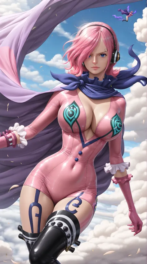 (1 woman:1.4),(Vinsmoke Reiju from One Piece:1.5),(sensual floating pose:1.3),(blue eyes,gentle gaze:1.3),(pink and white skintight superhero suit with high collar,cape flowing in the wind,gloves,thigh-high boots:1.4),(realistic skin texture:1.3),(visible ...