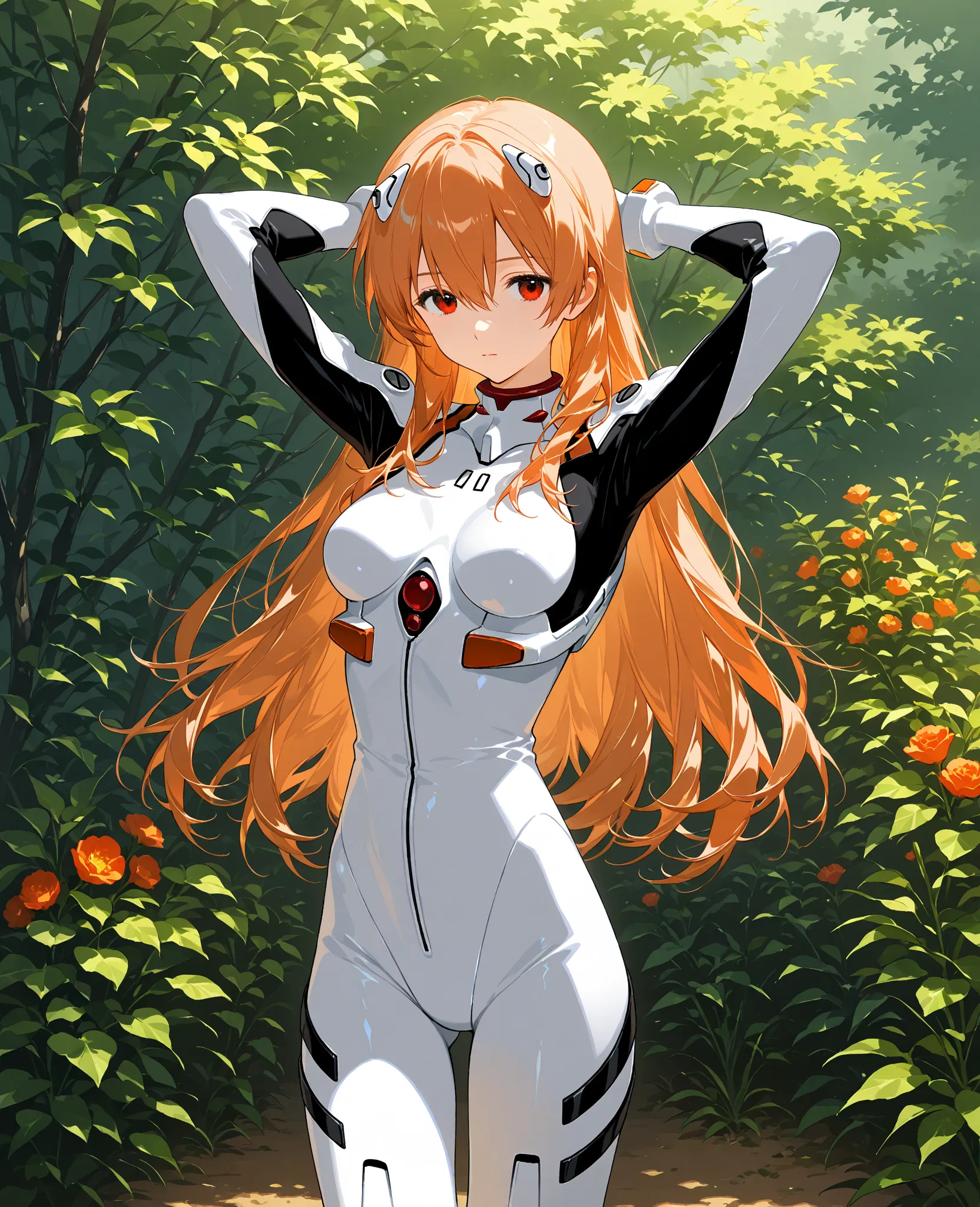 score_9,  score_8_up,  score_7_up,  score_6_up,  score_5_up,  score_4_up, anime source,age,
1 girl,Rei Ayanami,  expressionless,long hair,
standing,place your arms behind your head,garden,
 eva suit 00, White Bodysuit, plug suit , see-through