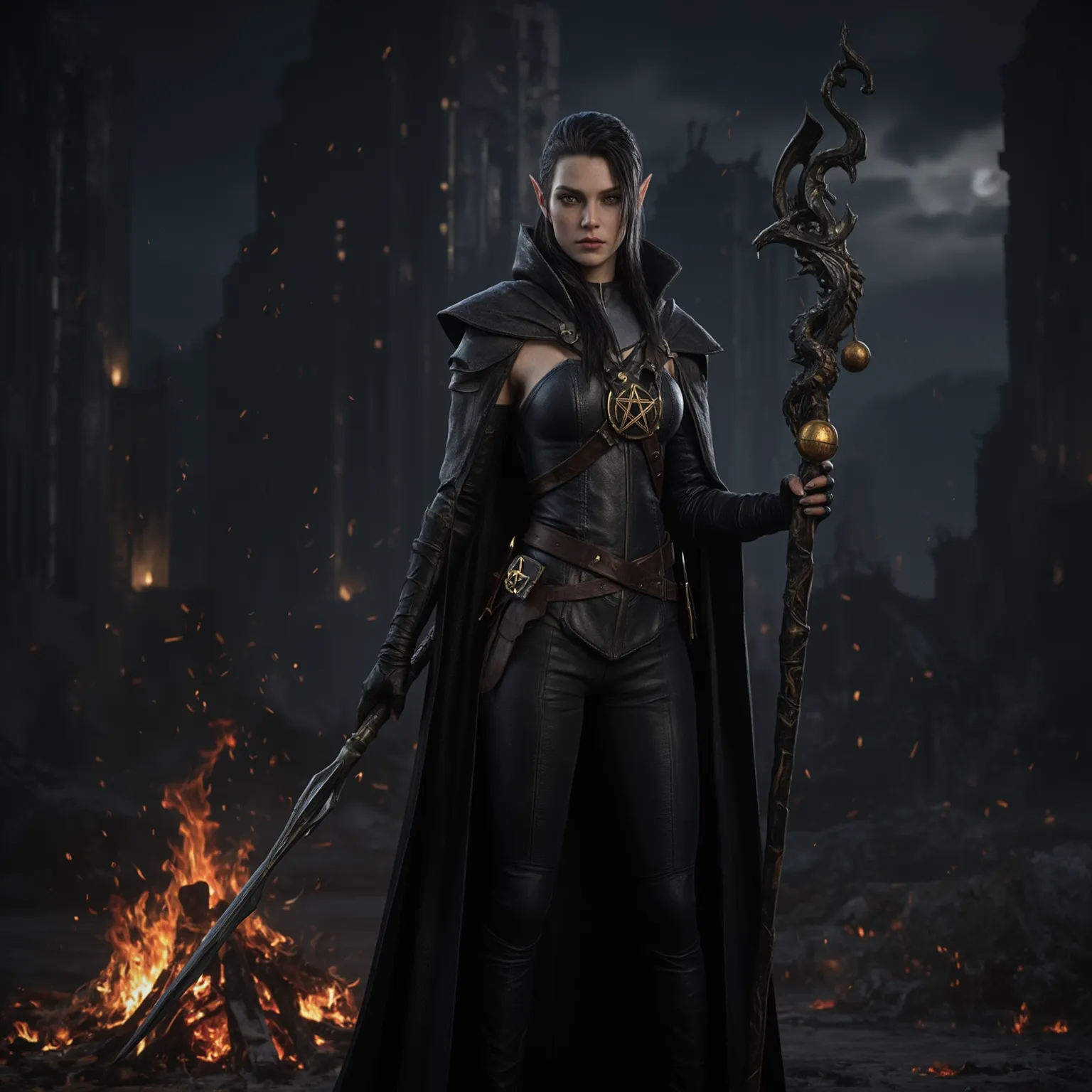 Full body height view, Highly realistic, Stunningly attractive dark-haired elven featured female, 25-year-old, pointy ears, wearing a thick dark leather strap with a gold pentagon symbol attached around her neck and a black hooded cape, she is holding a st...