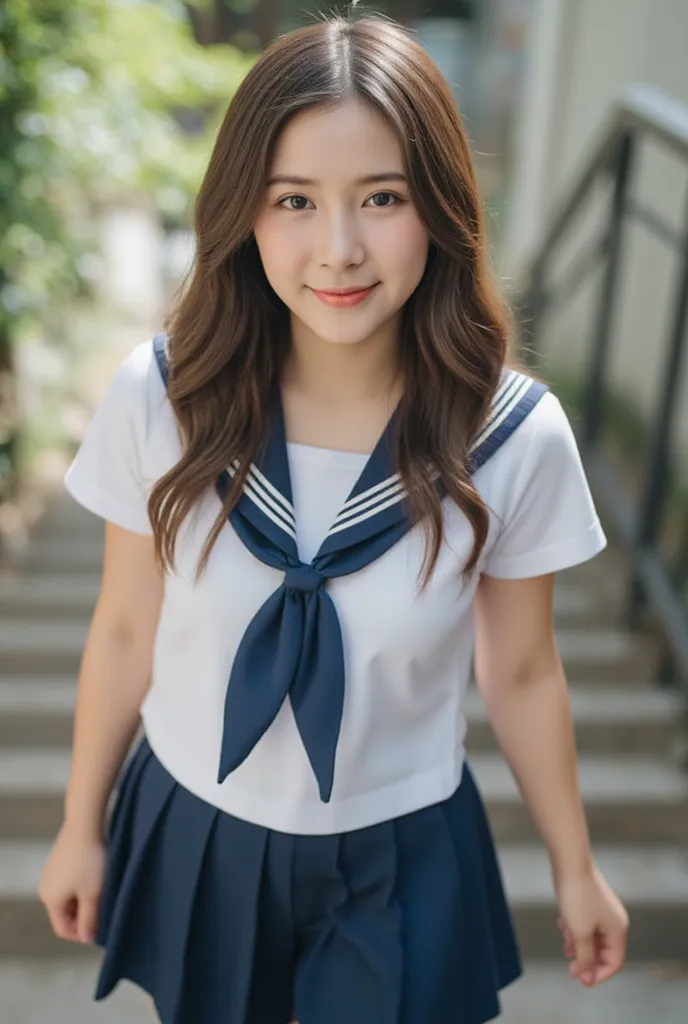 This high-quality photograph captures full body of a beautiful Japanese woman 19 years old with long, wavy brown hair and light skin, looking at viewer, sweet smile. She is thai junior high school uniform. She walking down the stair. The image was likely t...