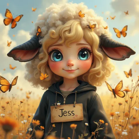  a girl,  Medium Hair, rubio, curly, Alone, blush,   smile, blond hair, big blue eyes, Black Sheep Suit, Meadow Flowers,  many butterflies Ears of an animal sheep. Upper Body Only.a sign on her chest with the name Jess