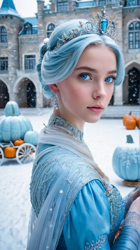  Snowflakes、Glass Slipper、glass pumpkin carriage、Dutch Angle、1 girl,  Snow Queen、palace、 blue eyes, Blue Hair/light blue hair tied at the top, Accessory, Wide angleショット, Wide angle, 