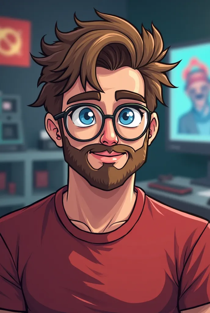  Hi create me a picture for discord rofile picture. It should be a man cca 25 y.o . That has blue eyes, brown messy hair.,pilot style glasses. He shoul have a light brown few hair beard. And be a bit round and musculine. He wears red flanel shirt . The bac...