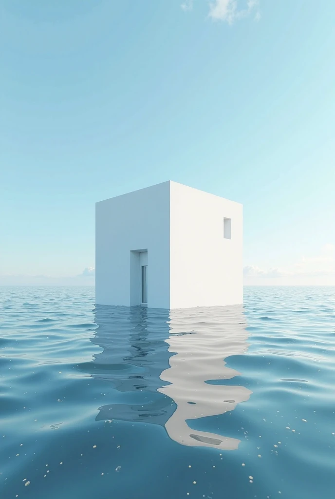 A white square structure floating in the air in the middle of the daylight sea