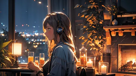 A stylish room with lots of foliage plants,  There is a fireplace , girl sitting on a chair and listening to music with headphones, profile，light smile, Night view in the background , lighting behind the beach, Soft sky, photorealistic, Cinematic compositi...