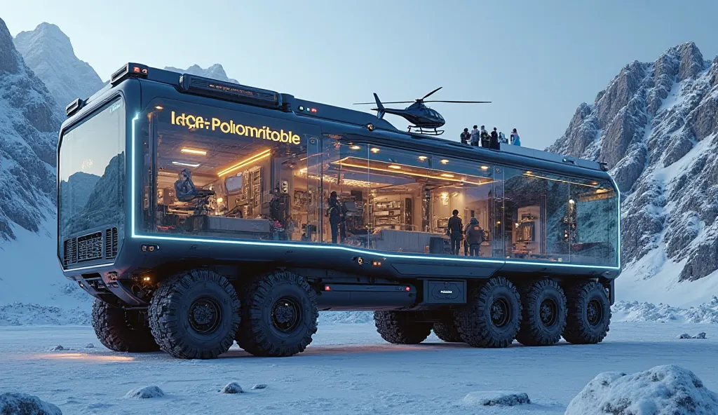 
A colossal and ultra-realistic futuristic expedition truck, as tall as a 20-story building and as wide as four football fields. This truck is not just a vehicle; it's a moving city, built to conquer the harshest terrains, including icy mountains, deserts,...