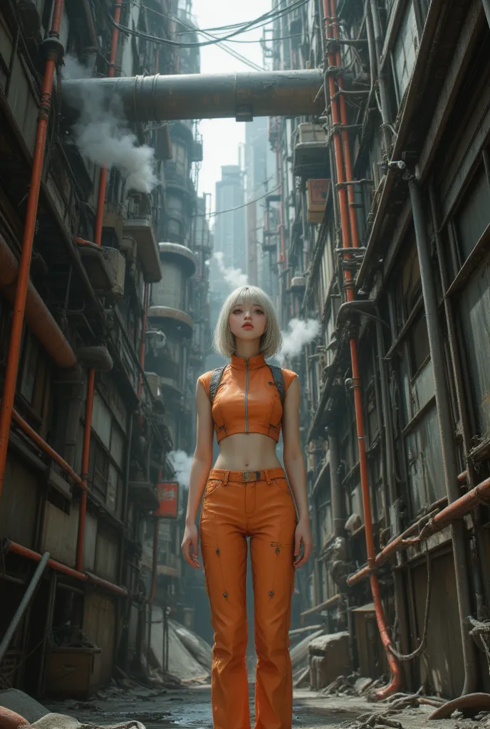 In Akihabara, a near-future city of devastation and somewhat biological fusion, designed in the style of H.R. Giger using the golden ratio, a young Japanese woman, 154 cm tall, with white belly-short bobbed hair, flat chest, and drooping eyes, wearing an o...