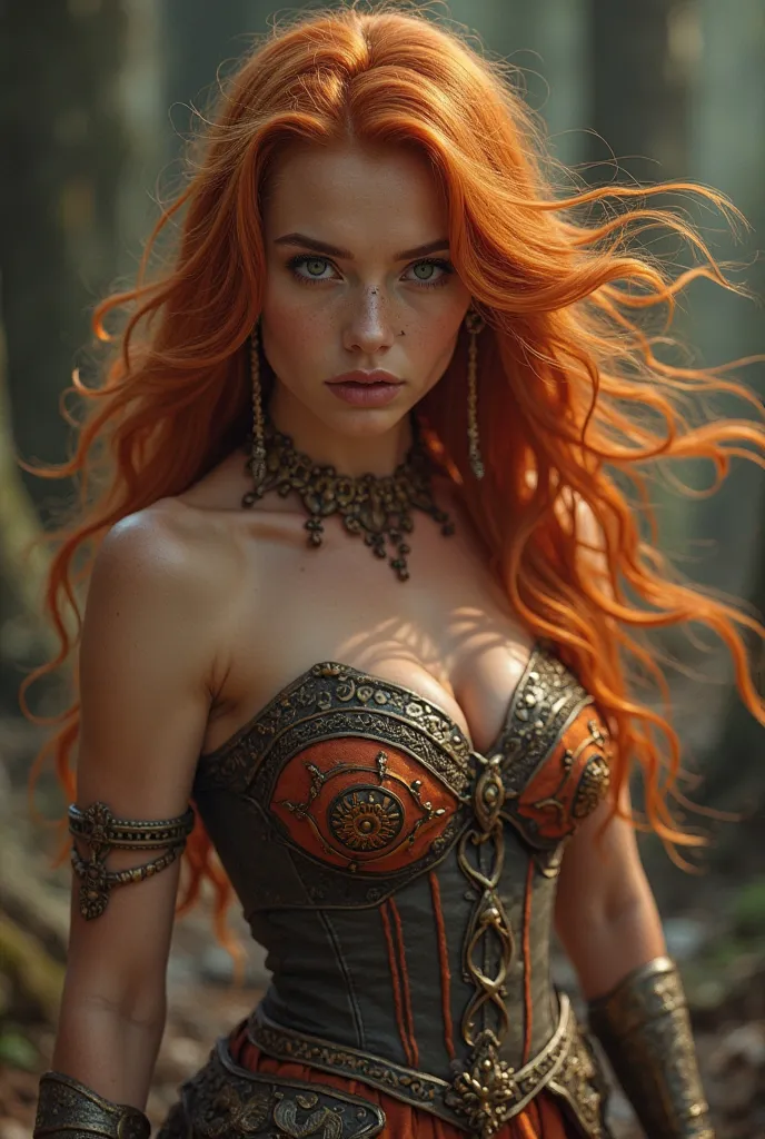 a supermodel cocksure and self-confident female warrior, vibrant and lush, with smooth long ginger hair, in a dynamic battle pose, hyper-realistic, 4k, 16k, ultra-detailed, dramatic lighting, cinematic, photorealistic, intricate, masterpiece
