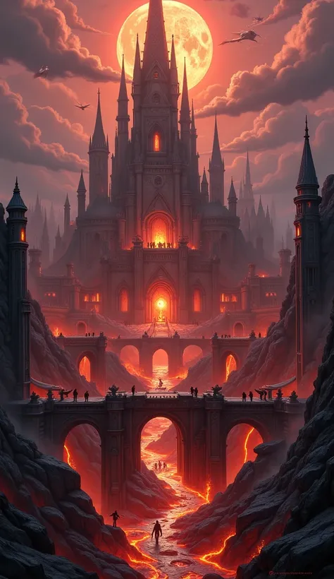 Generate a fierce high-fantasy city forged in volcanic fury, blending Spartan militarism with molten grandeur. The scene centers on Ashspire, City of Eternal Flame, with these key elements:  
1. Architecture:  Jagged towers of blackened obsidian and smolde...