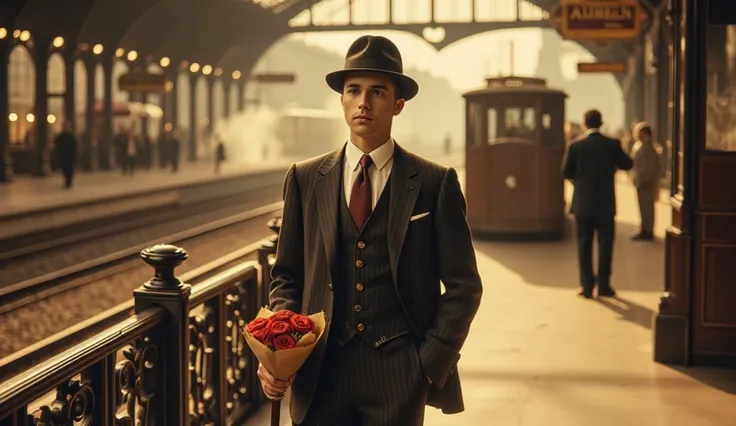 handsome young man standing on a 1930s Parisian train station platform, exuding anticipation and hope. He wears a classic three-piece suit in deep charcoal gray with subtle pinstripes—a tailored jacket, matching trousers, and a waistcoat adorned with a gol...