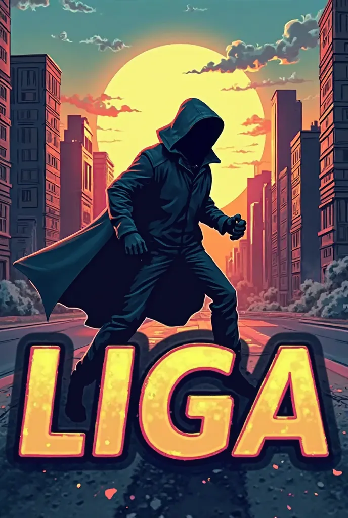 Create a Logo With a Font saying Legit Liga and put a City in the background With a Skyline where Scammers get hunted by Black clothed man in a Cartoon Style 