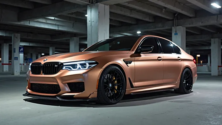 A stunning, customized BMW M5 in a unique satin rose gold wrap is parked in a dimly lit multi-level parking garage at night. The car features aggressive aerodynamic modifications, including a front splitter, side skirts, and blacked-out wheels that contras...