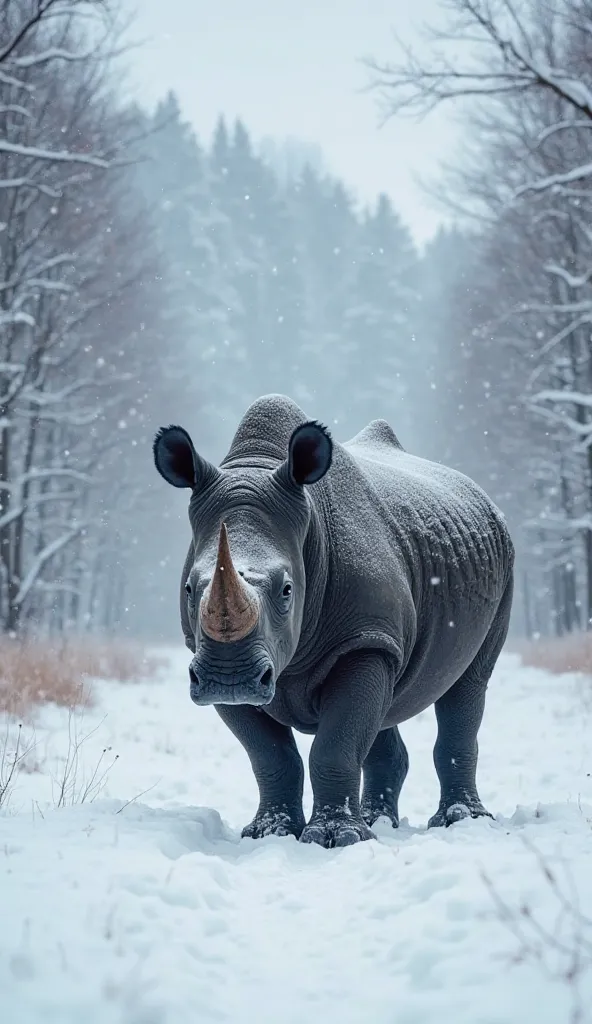 Here’s a detailed image prompt for a black rhino in a snowy forest with 8K quality:  

"A powerful black rhino stands in the middle of a vast, snow-covered forest, its dark, armored hide contrasting sharply against the pristine white snow. The rhino's brea...