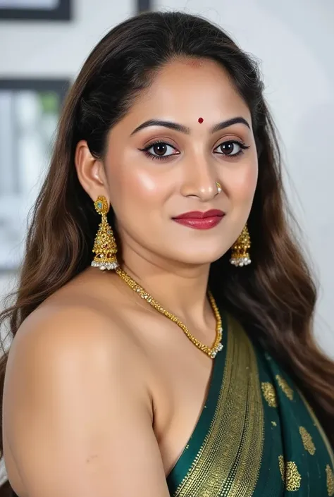 a close up of a woman in a sari posing for a picture, traditional beauty, actress, stylish pose, fanart, pretty face!!, cinematic goddess shot, gorgeous lady, intense look, portrait shot, print ready, cinematic goddess close shot, posed, breathtaking look,...