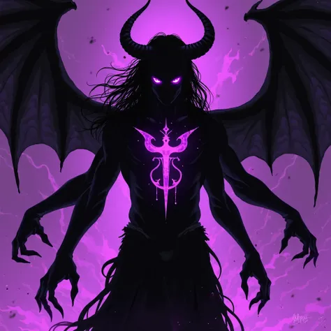 (Black and purple monochromatic art:1.3), (comics style:1.2), (melancholy rage:1.15), (black male Silhouette:1.2), (demon horns, long hair, luminous purple symbol-tattoo on body:1.25), (four arms, long purple claws:1.2), purple eyes, purple flame, dark atm...