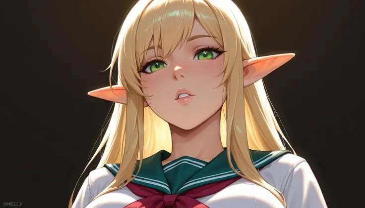 shot from below, 1girl, beautiful, shapely, feminine, sexy, hypnotizing look, feisty expression, long blonde hair, elf face, green eyes, sexy japanese school uniform, dark background, simple background, highly detailed, epic lighting, 8k, masterpiece, anat...