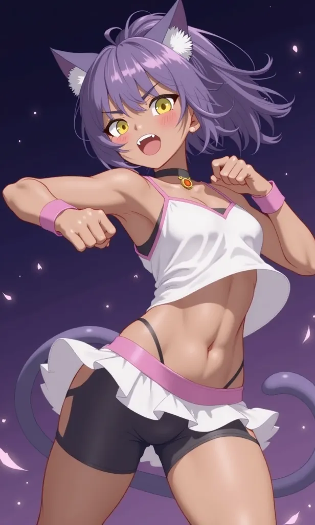 purple hair, purple cat ears, tan, spats, looking at viewer, yellow eyes, fierce look, angry, thin eyebrows