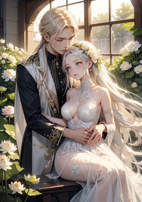 Highest quality。detailed description。Ancient castle greenhouse with blooming flowers。man with long silver hair and green eyes with short blond hair、Golden-eyed woman with long silver hair、((One adult man and one adult woman))。They have grown up 、gives a sh...