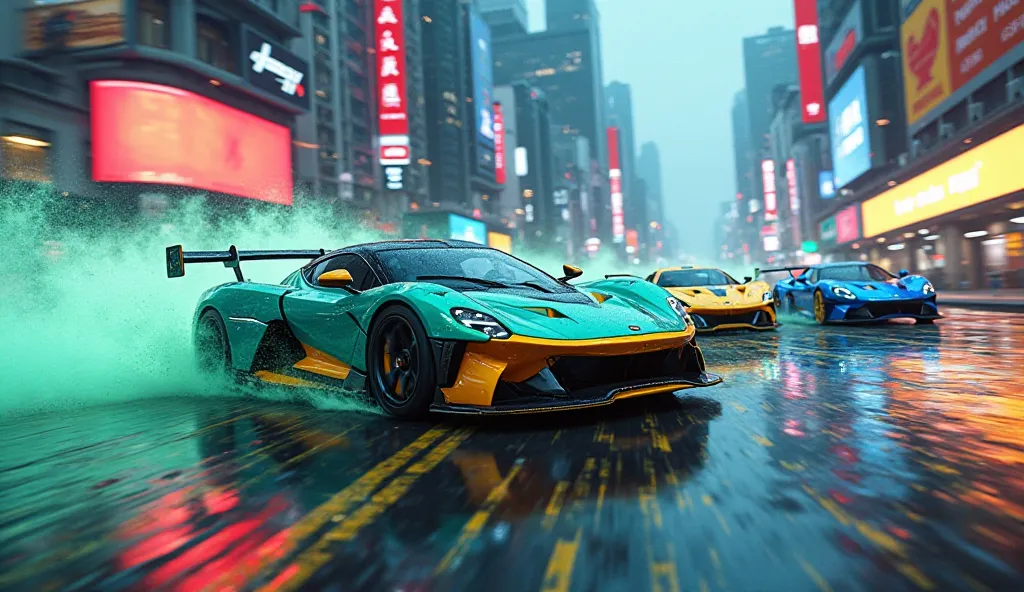 High-speed, futuristic city street scene.  Multiple high-performance sports cars, teal, yellow, and blue,  are racing down a wet city street, amidst plumes of stylized, neon-green smoke and debris.  Buildings with large, vibrant, billboard-style advertisem...