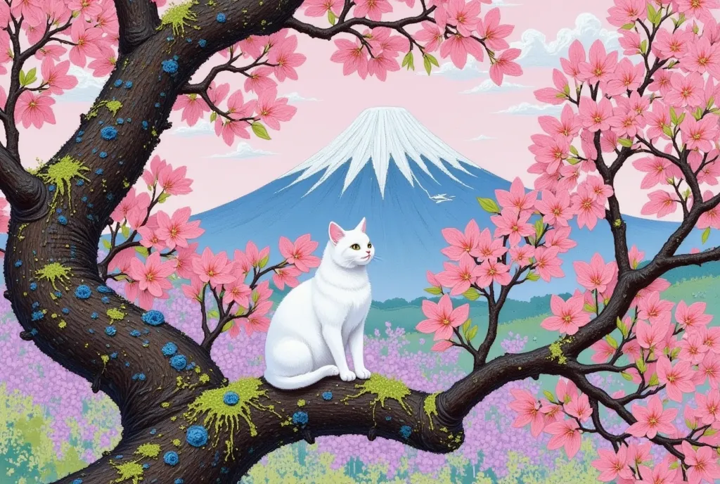 猫 The background is a cherry tree and Mt. Fuji ， tree close-up , sitting on a cherry tree ,  trending on pixabay, realism, White cat, Beautiful cat, Beautiful Siamese cat, The background is a cherry tree and Mt. Fuji , tree close-up , beautiful picture, Th...