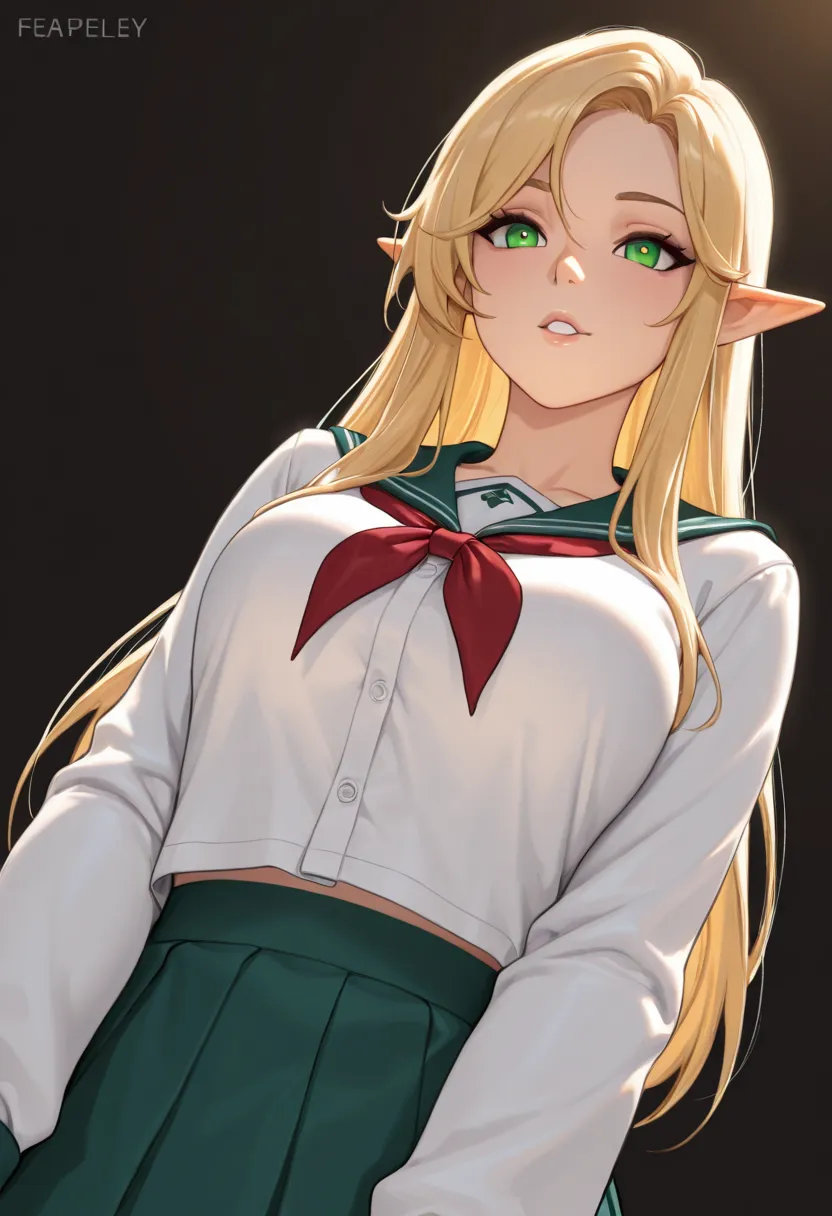 shot from below, 1girl, beautiful, shapely, feminine, sexy, hypnotizing look, feisty expression, long blonde hair, elf face, green eyes, sexy japanese school uniform, dark background, simple background, highly detailed, epic lighting, 8k, masterpiece, anat...