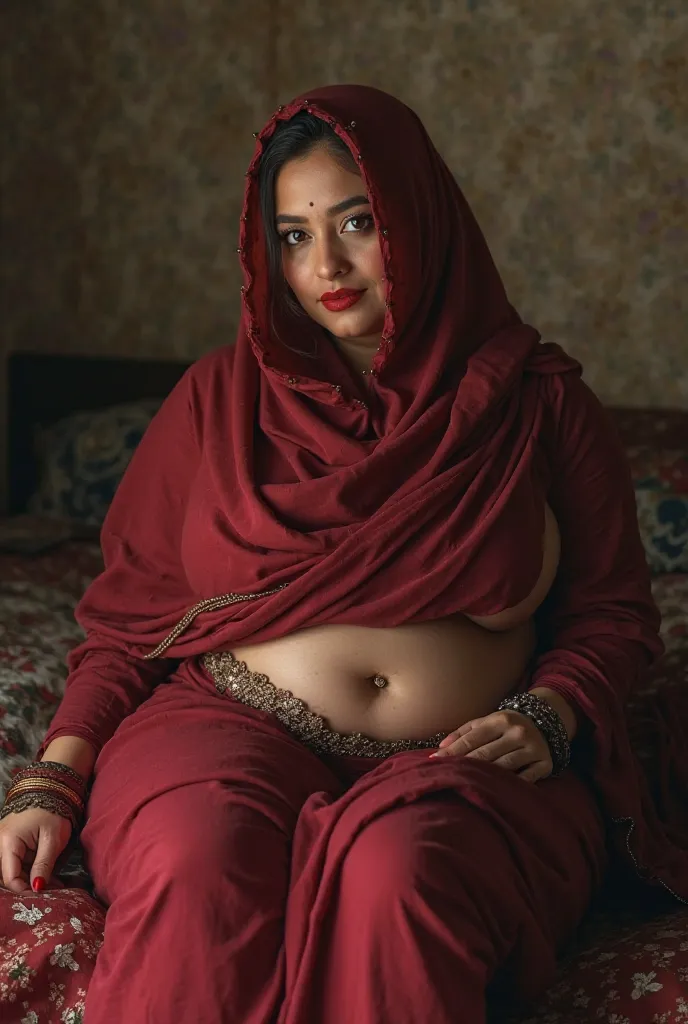 Sexxy indian muslim aunty, bhabhi, in hijab red lipstick, bigg breasts show cleavage, in poor home at bed. realistic image full hd quality 