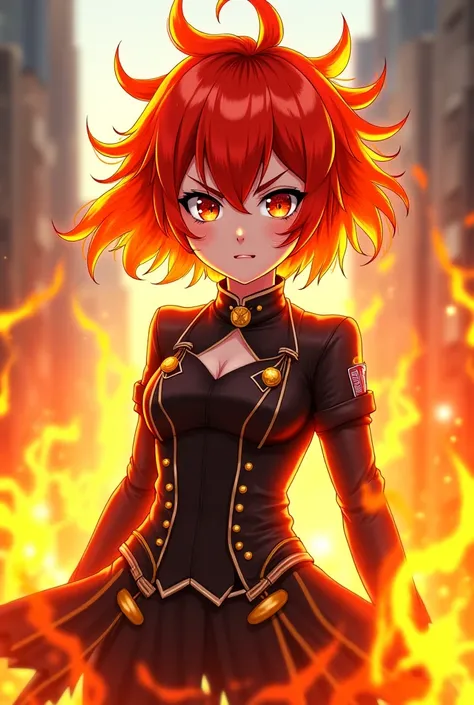 Make yo me an amine girl have a red and orange hair make here have the fire power and wearing a uniform 

