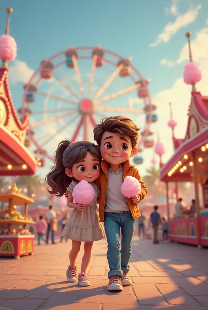 Full-length cartoon father and daughter hugging each other walking with cotton candy in their hands at the amusement park in the background of the ferris wheel all illuminated in cartoon style 